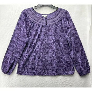 Charter Club Blouse Women's M Purple Floral Long Sleeve Bishop Boat Neck Stretch